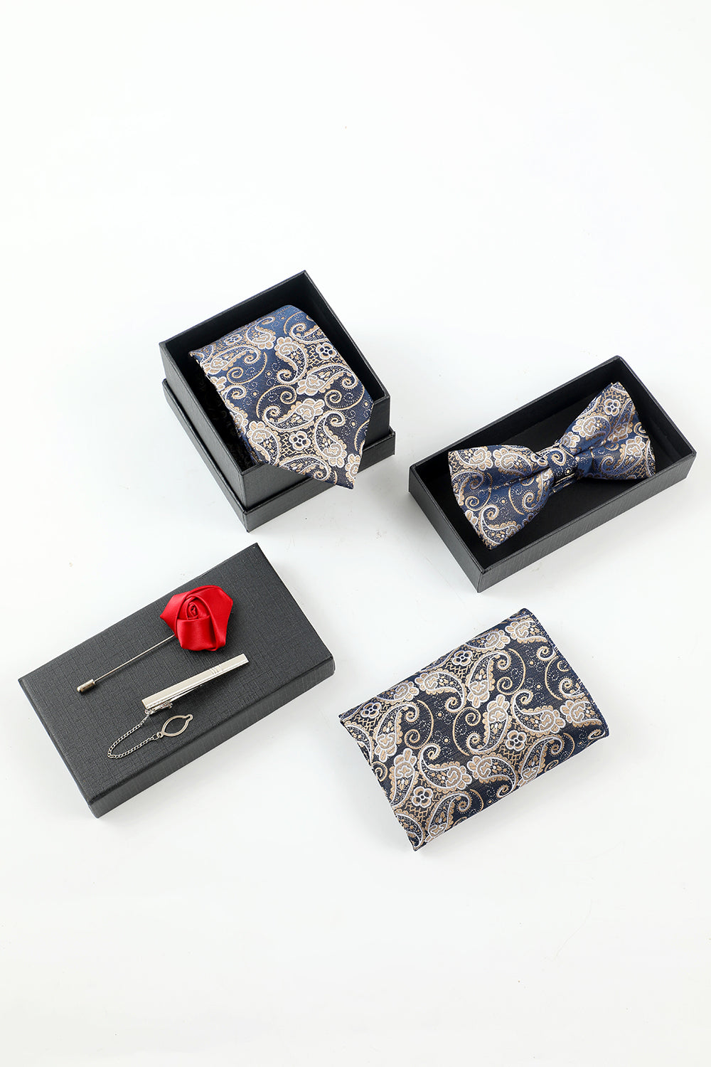 Marinblå Men's Jacquard 5-piece tillbehör Set Slips och fluga Pocket Square Flower Lapel Pin Tie Clip
