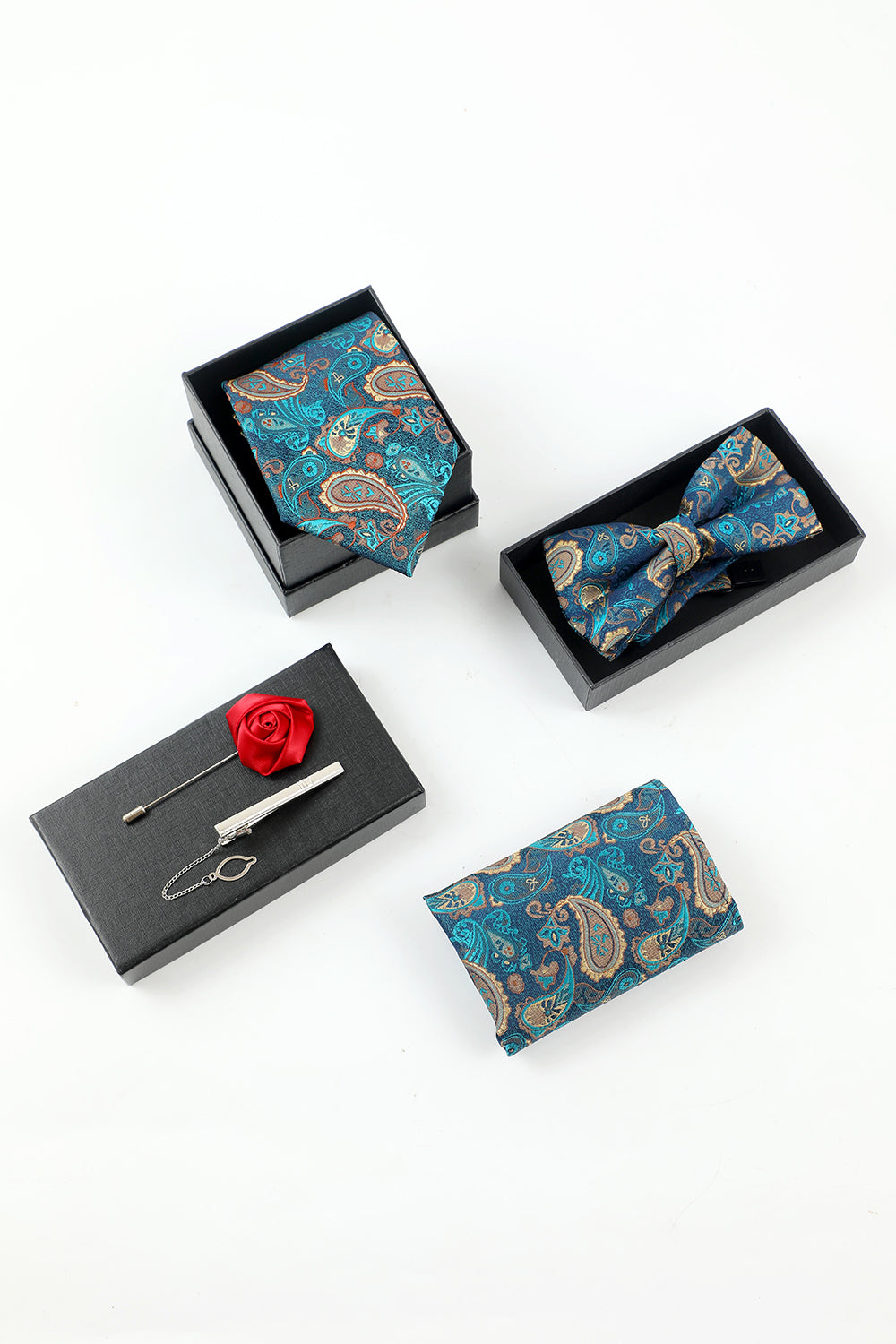 Blå Jacquard 5-delad tillbehörssats för män och fluga Pocket Square Flower Lapel Pin Tie Clip