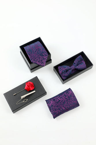 Lila Jacquard 5-delad tillbehörssats för män och fluga Pocket Square Flower Lapel Pin Tie Clip