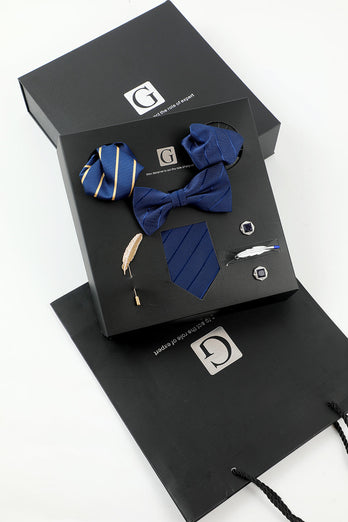 Royalblå Men's Tillbehör Set Stripe Tie och Fluga Två Pocket Square Lapel Pin Clip Manschettknappar