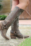 Blå broderade cowgirl Boho mid kalv stövlar