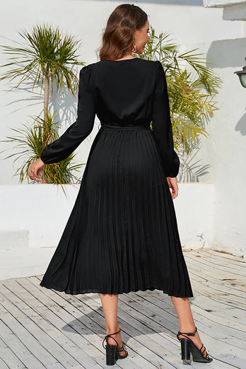 V-ringad svart casual klänning med skärp
