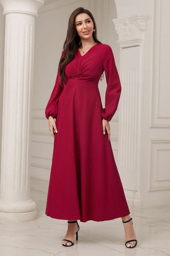 A-linje V-ringad vinröd formell klänning med långa ärmar