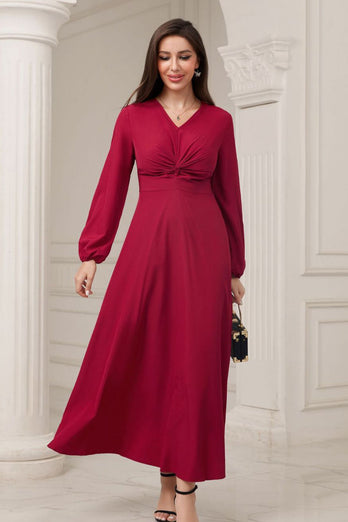 A-linje V-ringad vinröd formell klänning med långa ärmar