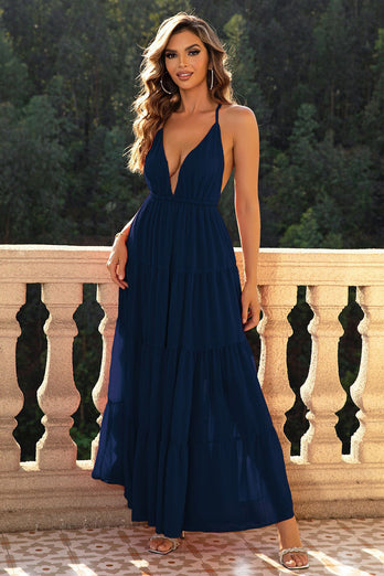 Djup V-ringad rygglös marinblå formell klänning