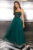 Sparkly Tulle Lace-Up Back Pine formell klänning med paljetter