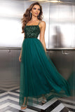 Sparkly Tulle Lace-Up Back Pine formell klänning med paljetter