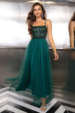 Sparkly Tulle Lace-Up Back Pine formell klänning med paljetter