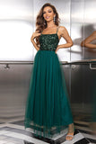 Sparkly Tulle Lace-Up Back Pine formell klänning med paljetter