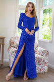 Glittrande långärmade paljetter Royal Blue Evening Party Klänning med slits