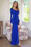 Glittrande långärmade paljetter Royal Blue Evening Party Klänning med slits