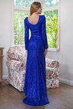 Glittrande långärmade paljetter Royal Blue Evening Party Klänning med slits