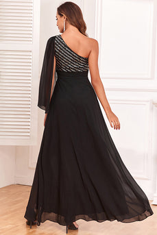 Glittrande enaxlad svart formell klänning med paljetter