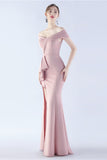 Marinblå Off the Shoulder Mermaid Crepe Formell Klänning med Slits