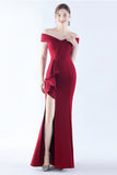 Marinblå Off the Shoulder Mermaid Crepe Formell Klänning med Slits