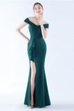 Marinblå Off the Shoulder Mermaid Crepe Formell Klänning med Slits