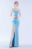 Marinblå Off the Shoulder Mermaid Crepe Formell Klänning med Slits