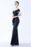Marinblå Off the Shoulder Mermaid Crepe Formell Klänning med Slits