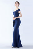 Marinblå Off the Shoulder Mermaid Crepe Formell Klänning med Slits