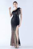 Glitter Svart Pärlstav Bodycon Feather Slope-Neck One-Shoulder Aftonklänning Med Slits