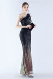 Glitter Svart Pärlstav Bodycon Feather Slope-Neck One-Shoulder Aftonklänning Med Slits