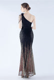 Glitter Svart Pärlstav Bodycon Feather Slope-Neck One-Shoulder Aftonklänning Med Slits