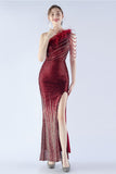 Glitter Svart Pärlstav Bodycon Feather Slope-Neck One-Shoulder Aftonklänning Med Slits