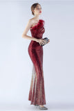Glitter Svart Pärlstav Bodycon Feather Slope-Neck One-Shoulder Aftonklänning Med Slits