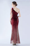 Glitter Svart Pärlstav Bodycon Feather Slope-Neck One-Shoulder Aftonklänning Med Slits