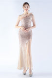 Glitter Svart Pärlstav Bodycon Feather Slope-Neck One-Shoulder Aftonklänning Med Slits