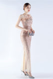 Glitter Svart Pärlstav Bodycon Feather Slope-Neck One-Shoulder Aftonklänning Med Slits
