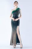 Glitter Svart Pärlstav Bodycon Feather Slope-Neck One-Shoulder Aftonklänning Med Slits