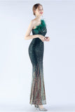 Glitter Svart Pärlstav Bodycon Feather Slope-Neck One-Shoulder Aftonklänning Med Slits