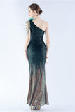 Glitter Svart Pärlstav Bodycon Feather Slope-Neck One-Shoulder Aftonklänning Med Slits