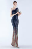 Glitter Svart Pärlstav Bodycon Feather Slope-Neck One-Shoulder Aftonklänning Med Slits