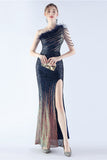 Glitter Svart Pärlstav Bodycon Feather Slope-Neck One-Shoulder Aftonklänning Med Slits