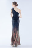 Glitter Svart Pärlstav Bodycon Feather Slope-Neck One-Shoulder Aftonklänning Med Slits