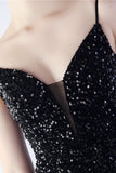 Glitter Mermaid Spaghetti Straps Pärlstav Symphony Svart Formell Klänning Med Sidoslits