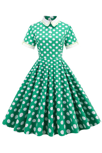 Grön Vit Prickig Vintage Klänning med Kort Ärm