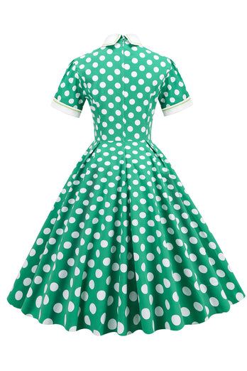Grön Vit Prickig Vintage Klänning med Kort Ärm
