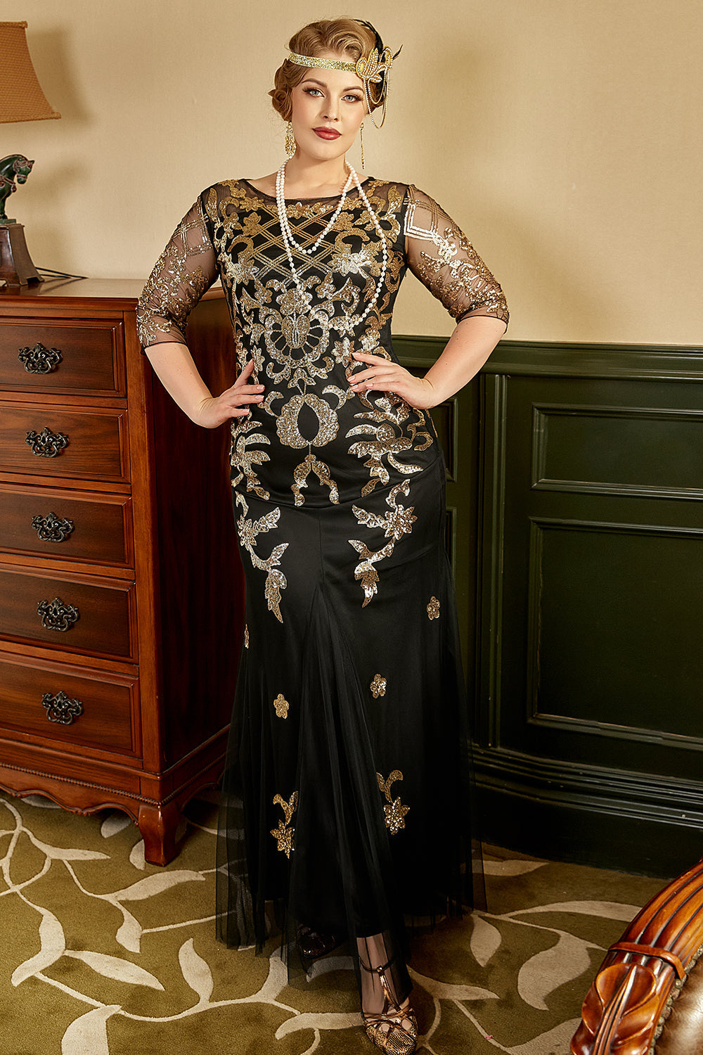Svart Gyllene Plus Size 20 Tals Paljettklänning