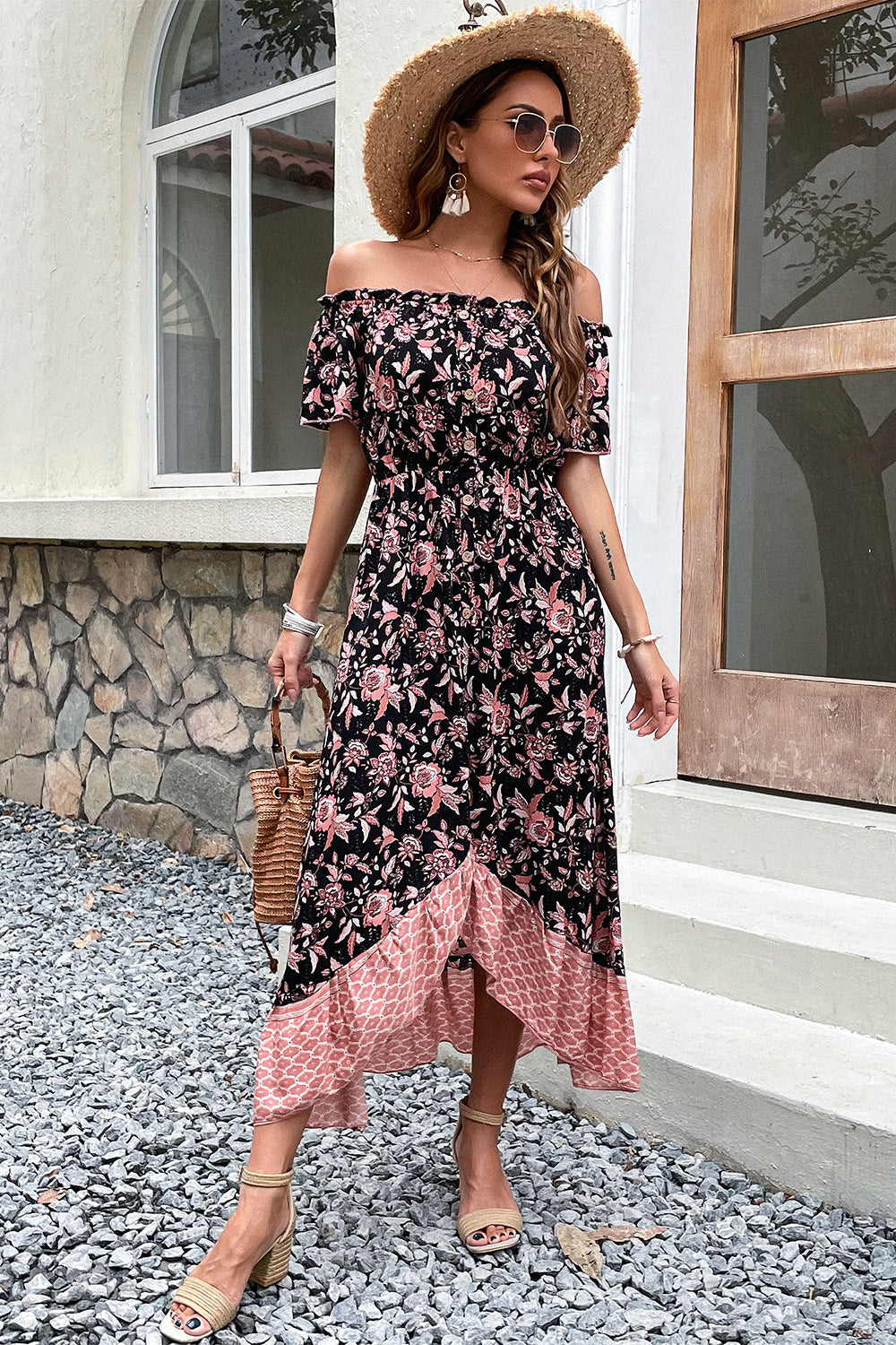 Off-shoulder Svart Boho Sommarklänning