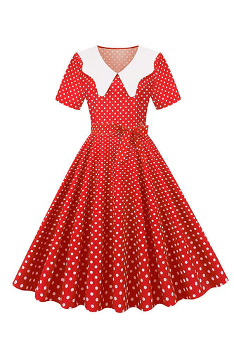 Hepburn Röd Prickig Print Vintage Klänning med bälte