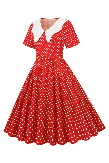 Hepburn Röd Prickig Print Vintage Klänning med bälte