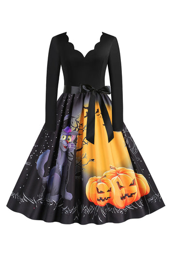 V-ringning Lång Ärm Jack-o-lantern Print Halloween Vintage Klänning