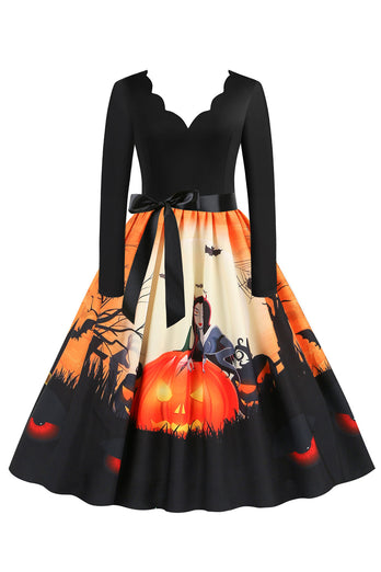 V-ringning Lång Ärm Jack-o-lantern Print Halloween Vintage Klänning