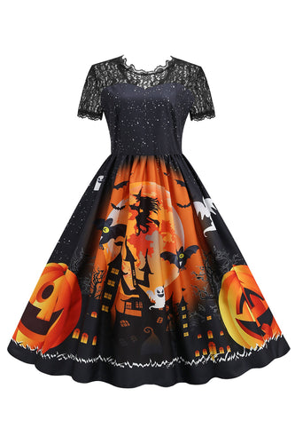 Spets kortärmat tryck Halloween Vintage Klänning