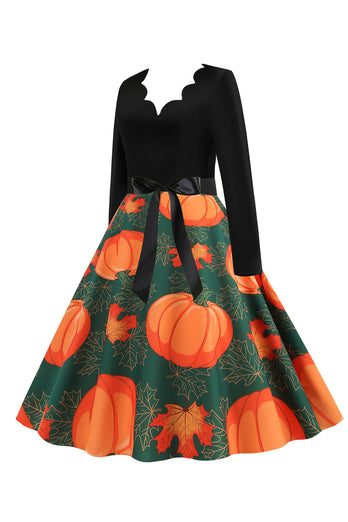 Vågig V-ringning Lång Ärm Tryck Halloween Vintage Klänning