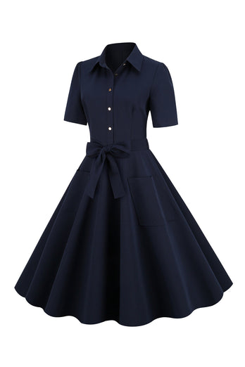 Marinblå Lapel Neck Vintage 50 tals klänning