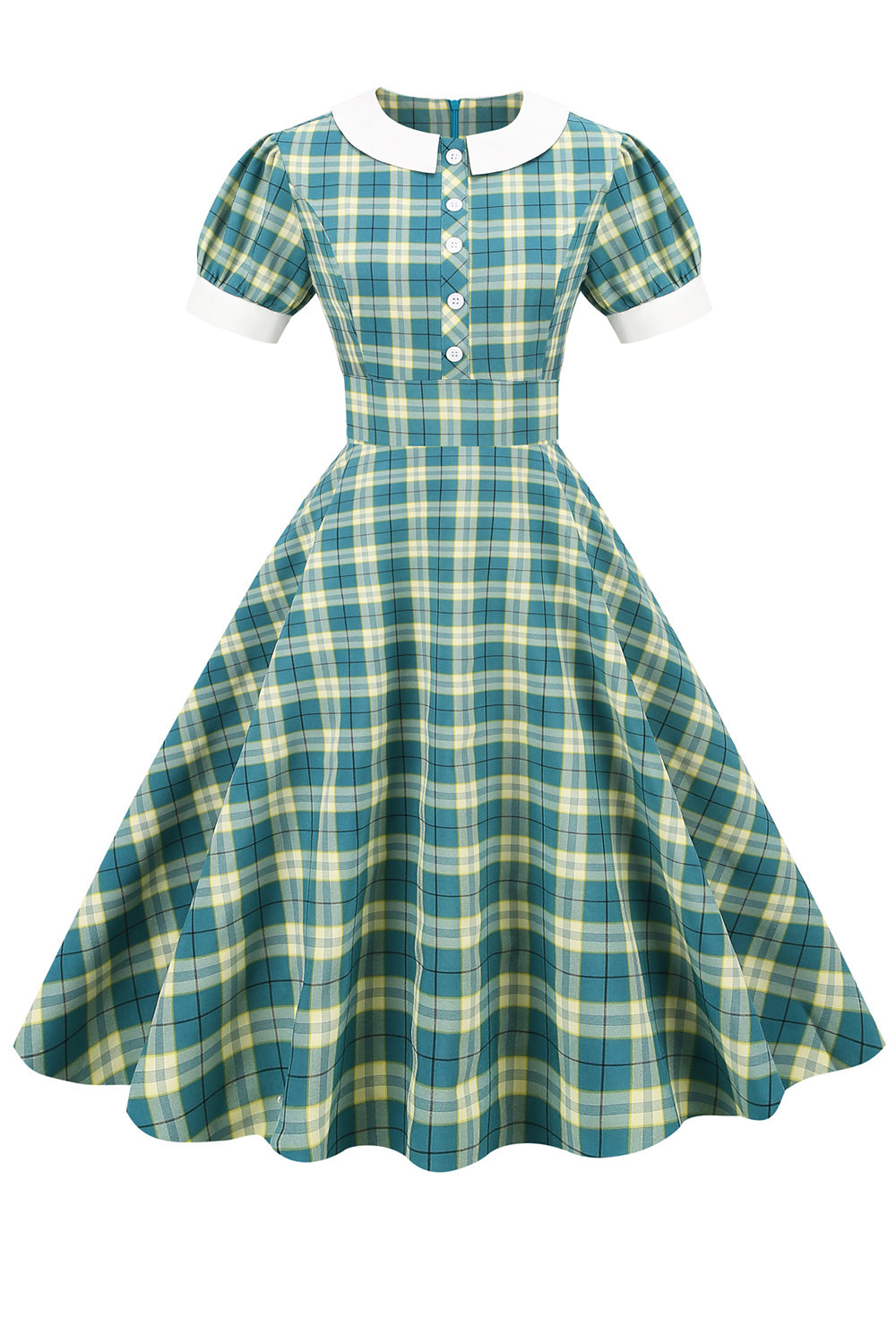 Jewel Neck Green Grid 1950-talsklänning med korta ärmar